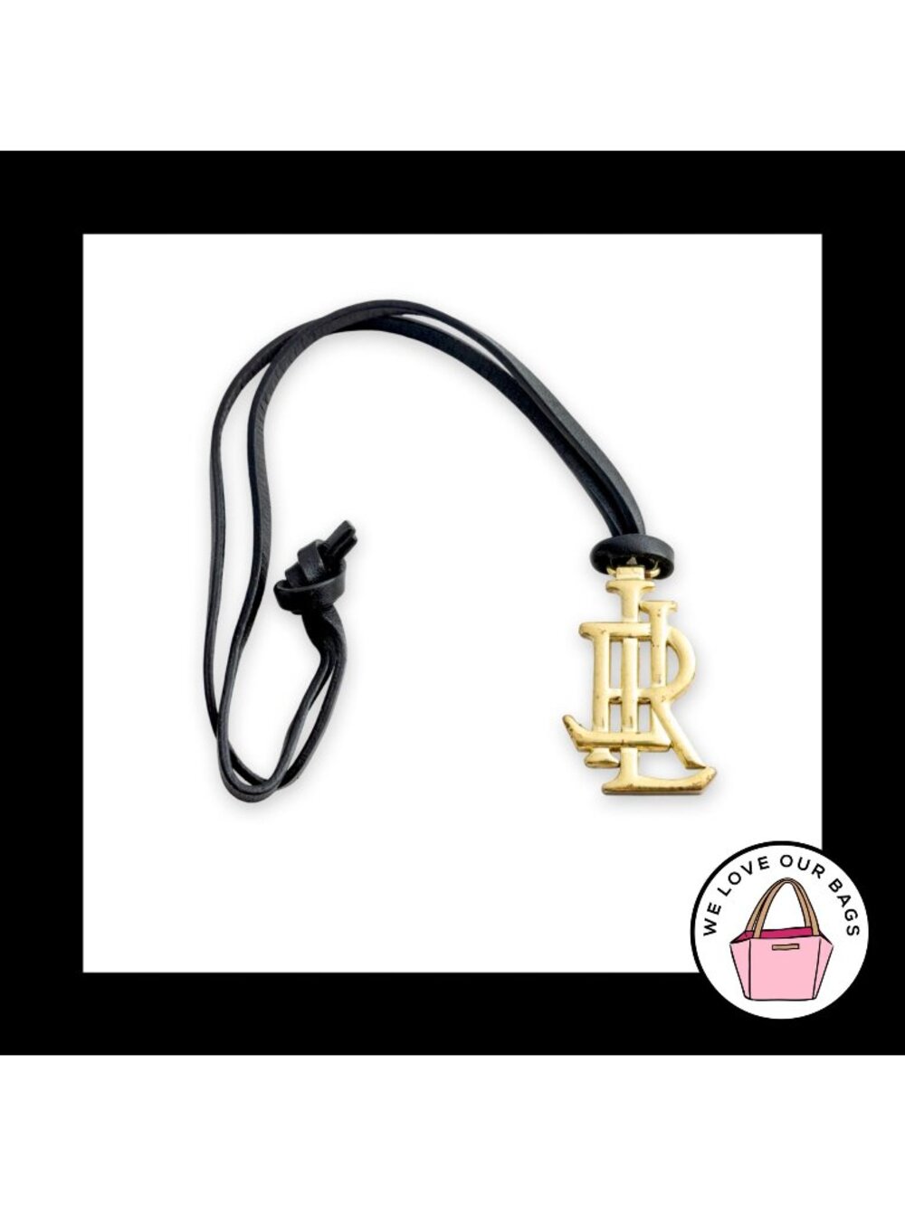 RALPH LAUREN Black Gold Bag Charm Hang Tag Keychain Fob - Leather Brass Metal
